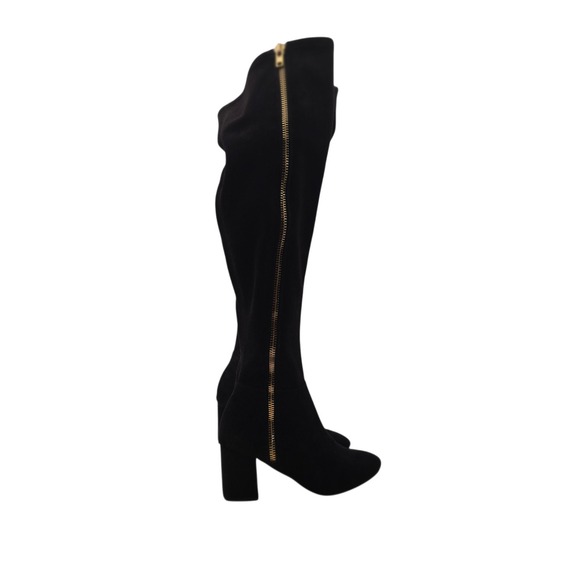 ShoeDazzle Nevaeh Black Over Knee Boots Gold Zip Modern Fall Chic 6 Retro Mod - Picture 6 of 11